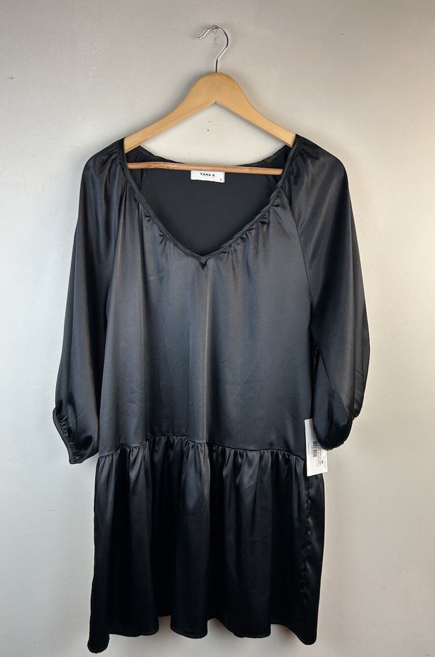 Yana K Barcelona Black 3/4 Balloon Sleeves Luxury Satin Mini Dress Sz S Chic